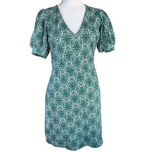 Boden Dress Size 6 Jersey Short Puff Sleeve Tea Green White Floral V Neck